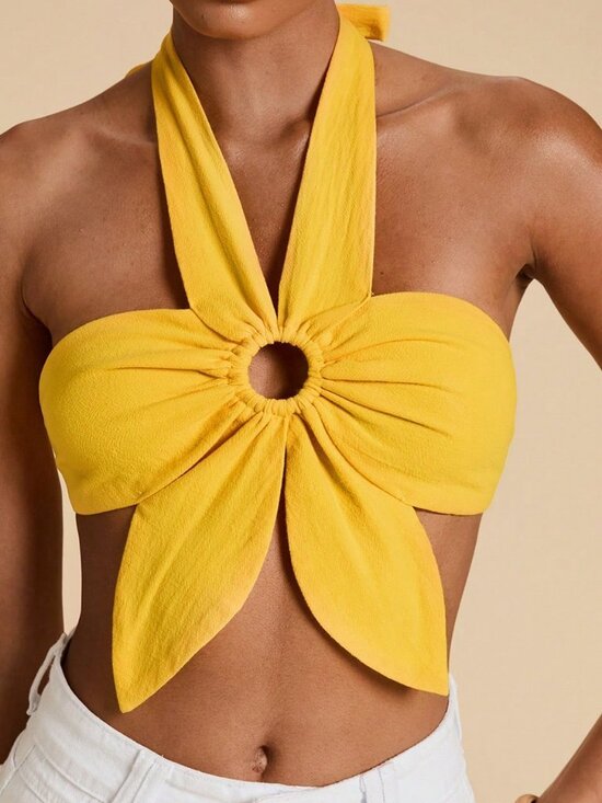 Tops - Yellow Sexy Women's Flower Halter Neck Tie Backless Top